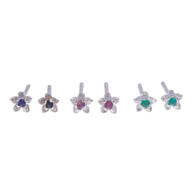 Gemstone stud earrings, 'Color Prism' (set of 3) - Gemstone Stud Earrings with Floral Motif (Set of 3)