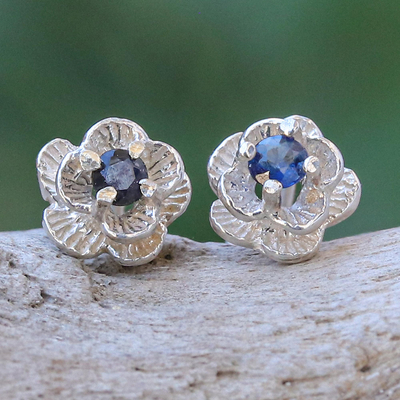Sapphire stud earrings, 'Great Beauty in Blue' - Blue Sapphire Stud Earrings with Floral Motif