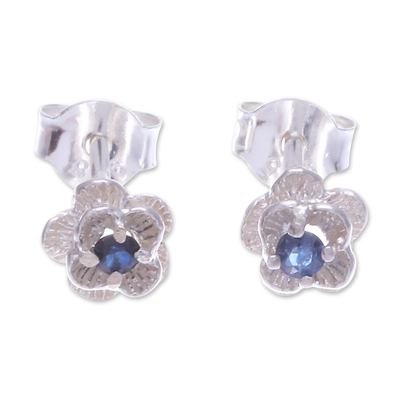 Blue Sapphire Stud Earrings with Floral Motif