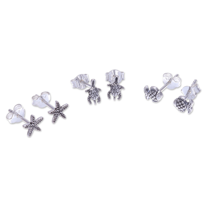Sterling Silver Stud Earrings with Sea Life Motif (Set of 3)