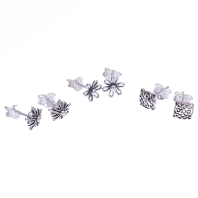 Sterling silver stud earrings, 'Daily Bloom' (set of 3) - Sterling Silver Stud Earrings with Floral Motif (Set of 3)