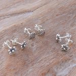 Sterling silver stud earrings, 'Daily Bloom' (set of 3) - Sterling Silver Stud Earrings with Floral Motif (Set of 3)