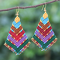 Gold-accented macrame dangle earrings, 'Boho Rainbow'