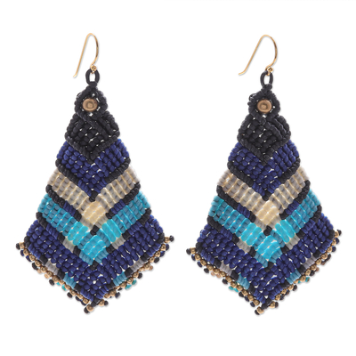 Gold-accented macrame dangle earrings, 'Blue Boho' - Handmade Gold-Accented Macrame Earrings