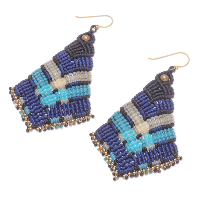 Gold-accented macrame dangle earrings, 'Blue Boho' - Handmade Gold-Accented Macrame Earrings