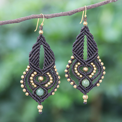Gold-accented jade macrame dangle earrings, 'Heaven Can Wait' - Gold-Accented Jade Macrame Earrings