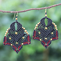 Featured review for Gold-accented macrame dangle earrings, Boho Daisy in Black