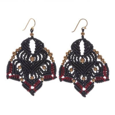 Gold-accented macrame dangle earrings, 'Boho Daisy in Black' - Gold-Accented Macrame Earrings with Brass Beads