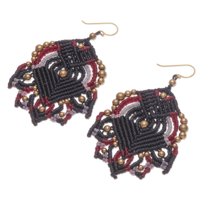Gold-accented macrame dangle earrings, 'Boho Blaze in Black' - Hand-Knotted Macrame Dangle Earrings