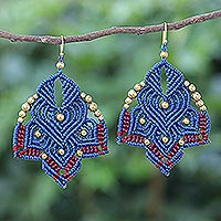 Gold-accented macrame dangle earrings, 'Boho Daisy in Blue' - Hand-Knotted Macrame Earrings with Brass Beads