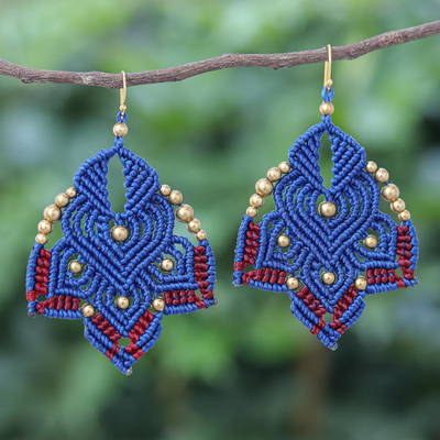 Gold-accented macrame dangle earrings, 'Boho Daisy in Blue' - Hand-Knotted Macrame Earrings with Brass Beads