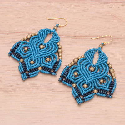 Handcrafted Gold-Accented Macrame Earrings - Boho Blaze in Blue
