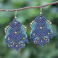 Gold-accented macrame dangle earrings, 'Boho Blaze in Blue' - Handcrafted Gold-Accented Macrame Earrings
