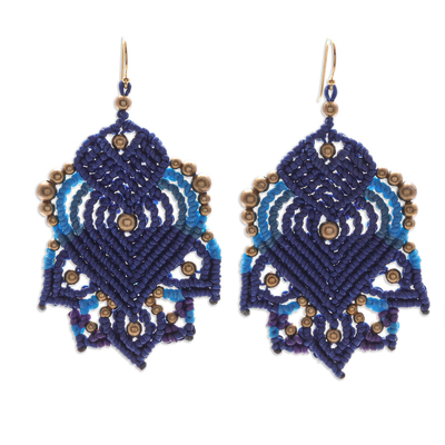 Gold-accented macrame dangle earrings, 'Boho Blaze in Blue' - Handcrafted Gold-Accented Macrame Earrings