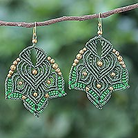 Gold-accented macrame dangle earrings, 'Boho Daisy in Green' - Hand Crafted Macrame Earrings with Gold Accent