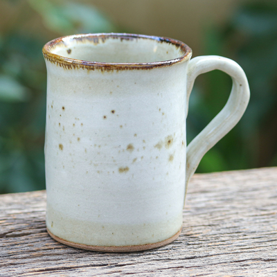 Taza de ceramica - Taza de cerámica color crema hecha a mano con motivo de hojas