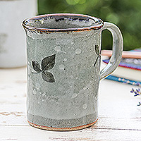 Ceramic mug, 'Natural Traces' - Artisan Crafted Leaf Motif Mug