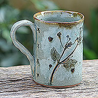 Taza de cerámica, 'Natural Impressions' - Taza de cerámica gris con hojas impresas