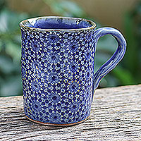 Ceramic mug, 'Blue Medallion' - Handmade Blue Ceramic Mug from Thailand