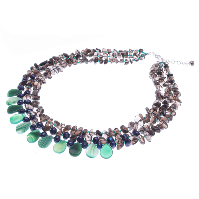 Multi-gemstone pendant necklace, 'Forest Twilight' - Thai Agate and Cultured Pearl Pendant Necklace