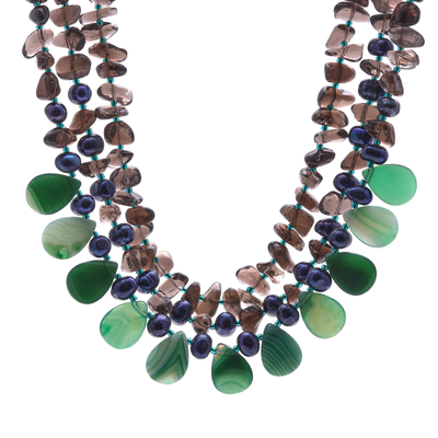 Multi-gemstone pendant necklace, 'Forest Twilight' - Thai Agate and Cultured Pearl Pendant Necklace
