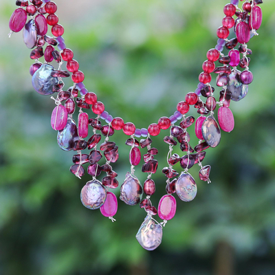 Multi-gemstone waterfall necklace, 'Sugar Berry' - Thai Cultured Pearl and Garnet Waterfall Necklace