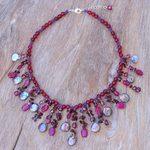 Multi-gemstone waterfall necklace, 'Sugar Berry' - Thai Cultured Pearl and Garnet Waterfall Necklace