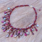 Multi-gemstone waterfall necklace, 'Sugar Berry' - Thai Cultured Pearl and Garnet Waterfall Necklace