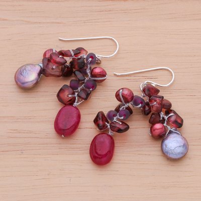 Multi-gemstone dangle earrings, 'Sugar Berry' - Hand Crafted Cultured Pearl and Garnet Dangle Earrings