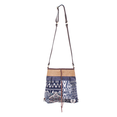 Thai Leather-Accented Cotton Blend Sling Bag in Blue, 'Intermission in Blue'