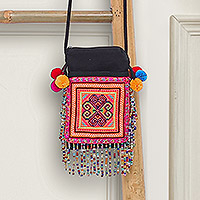 Cotton-blend sling bag, 'Petite Hmong' - Hmong Cross-Stitch Sling Bag with Beaded Fringe