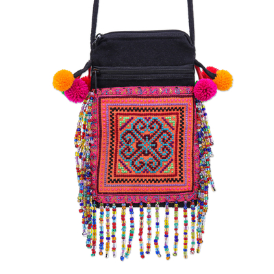 Hmong Cross-Stitch Sling Bag with Beaded Fringe