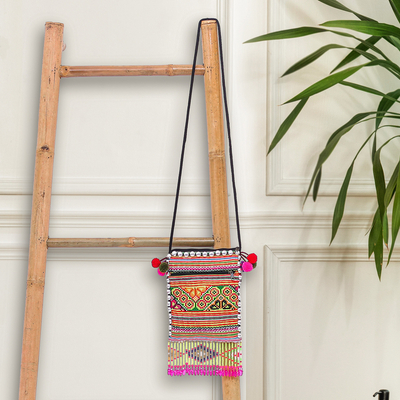 Cotton-blend sling bag, 'Hmong Friend' - Hmong Cross-Stitch Sling Bag with Pop-Pom Accent