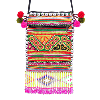 Hmong Cross-Stitch Sling Bag with Pop-Pom Accent