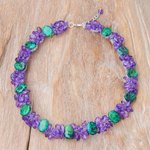 Serpentine beaded necklace, 'Forest Glade' - Serpentine and Purple Glass Beaded Necklace