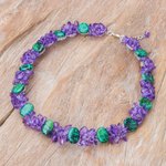 Serpentine beaded necklace, 'Forest Glade' - Serpentine and Purple Glass Beaded Necklace