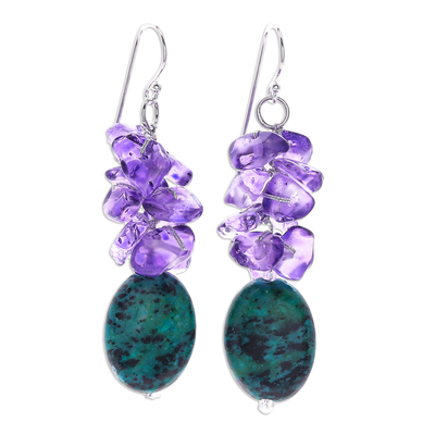 Serpentine and Purple Glass Bead Dangle Earrings