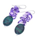 Serpentine dangle earrings, 'Forest Glade' - Serpentine and Purple Glass Bead Dangle Earrings
