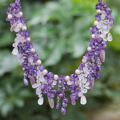Multi-gemstone waterfall necklace, 'Lavender Ocean' - Thai Cultured Pearl and Amethyst Waterfall Necklace