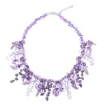 Multi-gemstone waterfall necklace, 'Lavender Ocean' - Thai Cultured Pearl and Amethyst Waterfall Necklace