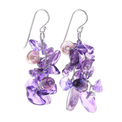 Cultured pearl and amethyst dangle earrings, 'Lavender Ocean' - Handmade Cultured Pearl and Amethyst Dangle Earrings