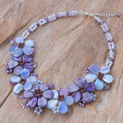 Multi-gemstone pendant necklace, 'Thai Twilight' - Agate and Garnet Pendant Necklace with Floral Motif