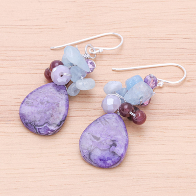 Multi-gemstone dangle earrings, 'Pale Sky' - Handmade Thai Quartz and Garnet Dangle Earrings