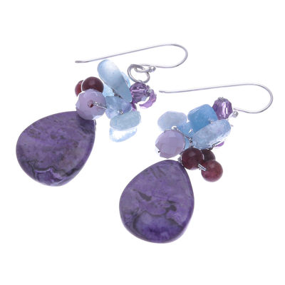 Multi-gemstone dangle earrings, 'Pale Sky' - Handmade Thai Quartz and Garnet Dangle Earrings