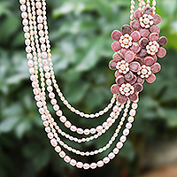 Cultured pearl and rhodonite statement necklace, 'Magnificent Bouquet' - Natural Rhodonite and Cultured Pearl Necklace