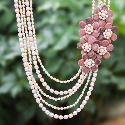 Collar llamativo de perlas cultivadas y rodonitas - Collar de rodonitas naturales y perlas cultivadas