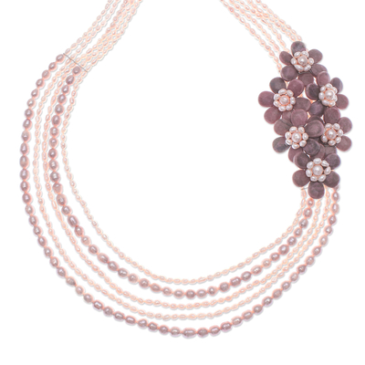 Cultured pearl and rhodonite statement necklace, 'Magnificent Bouquet' - Natural Rhodonite and Cultured Pearl Necklace