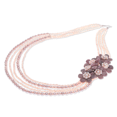 Collar llamativo de perlas cultivadas y rodonitas - Collar de rodonitas naturales y perlas cultivadas