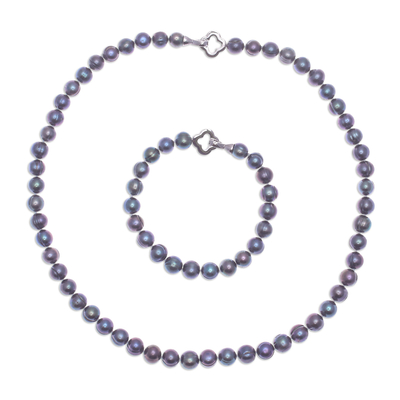 Cultured pearl jewelry set, 'Precious Dream in Grey' - Dark Grey Cultured Pearl Necklace and Bracelet Set