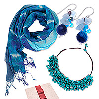 Bufandas, collar y caja de regalo de aretes, 'Blue Spring' - Bufandas de algodón azul tailandés con conjunto de joyas de piedras preciosas